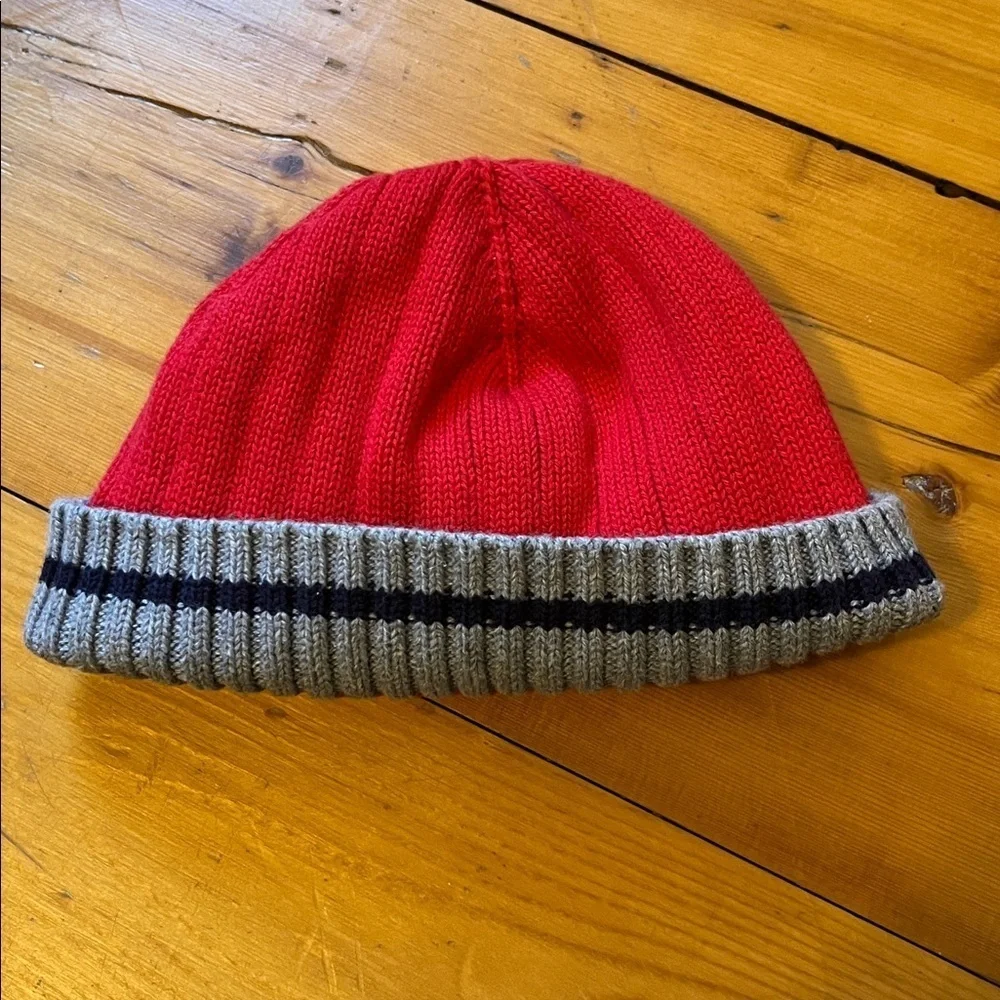 JANIE AND JACK Infant Boys 3-6mo Cotton Knit Hat Winter Beanie Red Gray EUC
